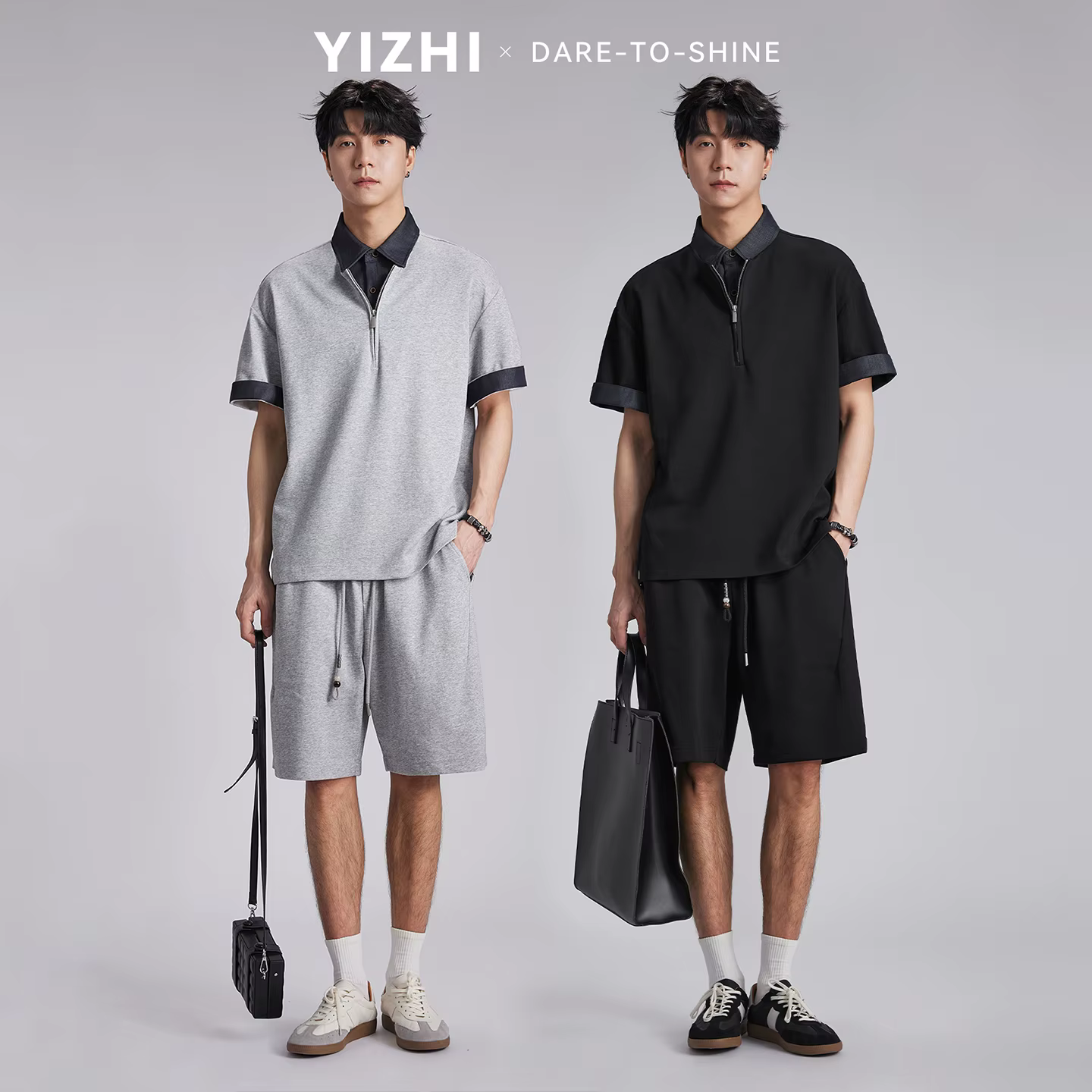 Ensemble Polo Homme Tendance à Col Contrastant et Demi-Zip Effet Deux Pièces