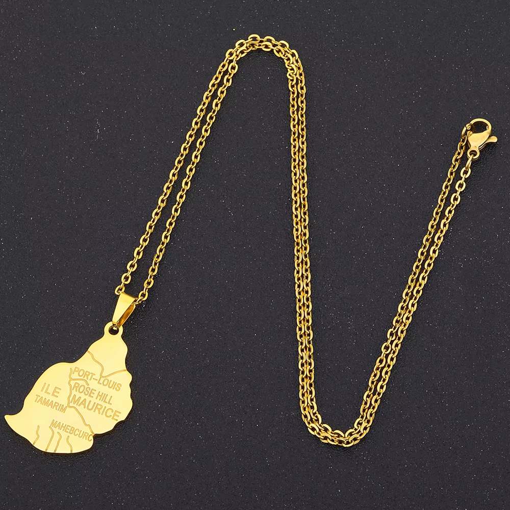 ILE Lung Map City Pendentif Collier pour Homme et Femme, Acier Inoxydable, Or, Argent, Document, Afrique, Maurice, Cartes, Bijoux, Cadeau