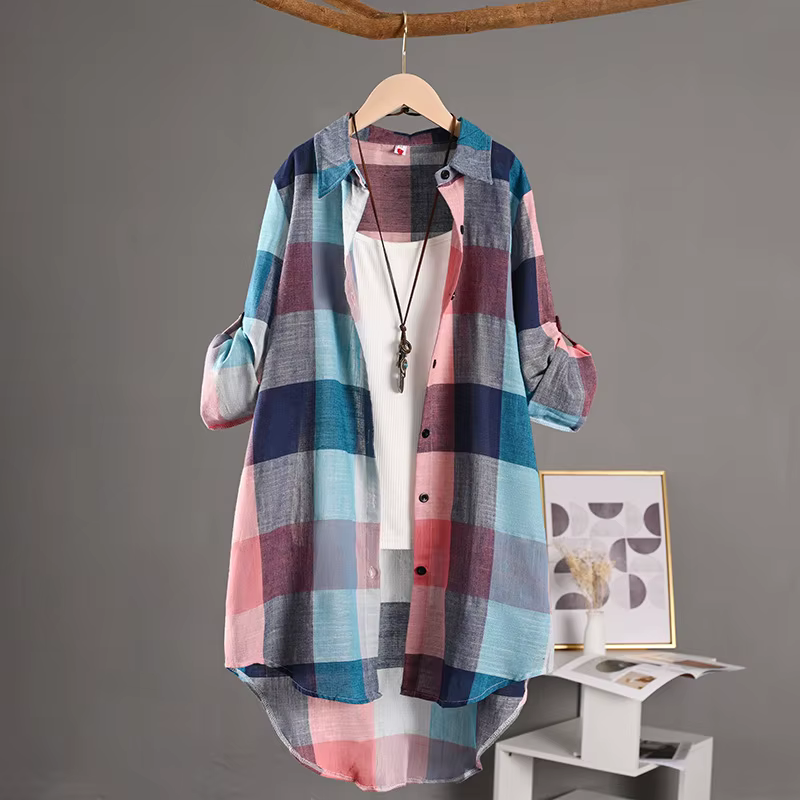 Chemise à carreaux à manches longues pour femmes
