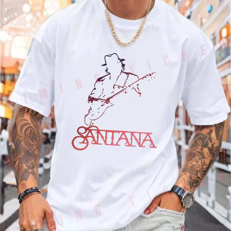 T-shirt pour homme avec impression de silhouette de guitariste Santana, style moto, streetwear hip-hop, unisexe, décontracté, tendance, manches courtes