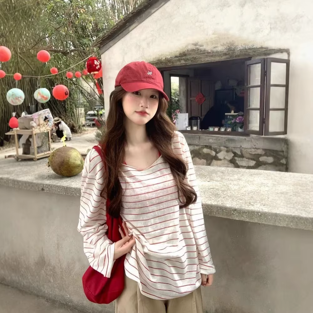 Chemisier T-shirt rayé rouge et blanc pour femme