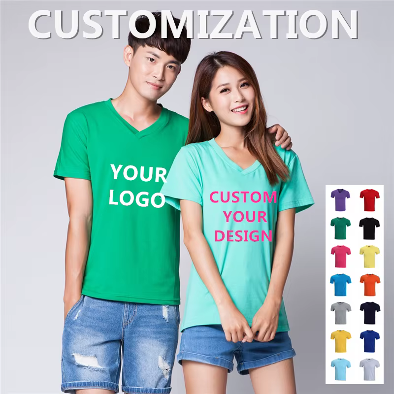 T-Shirt personnalisé col en v 100% coton, imprimé sur demande, vêtements de travail, Design, Logo de marque imprimé, vêtements d'équipe personnalisés