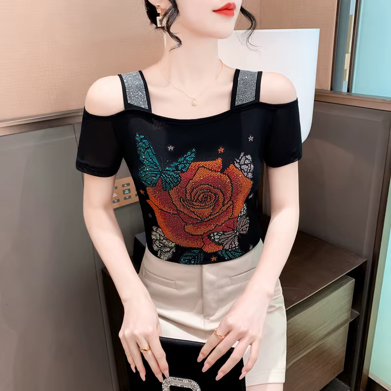 Nouveau Design européen de fleur de Rose vêtements pour femmes T-Shirt Chic épaules nues diamants chauds hauts élégant Streetwear filles t-shirts chemises