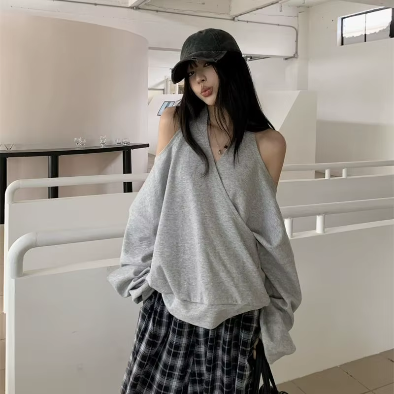 Hatle sweat à capuche dos nu Sexy épicé fille sweats à capuche à manches longues vêtements printemps ample femme vêtements Vintage décontracté épaules nues hauts