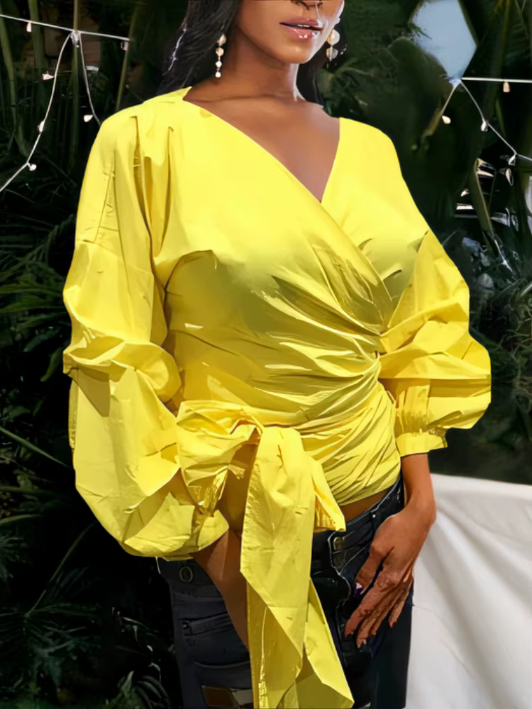 Femmes chemisier jaune Peplum hauts avec ceinture de taille noeud papillon manches bouffantes col en V dame chemises d'été vêtements féminins Blusas africain nouveau