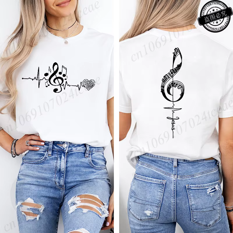 T-shirt imprimé avec notes musicales pour femmes, t-shirts graphiques avec motif de battement de cœur, vêtements esthétiques pour femmes, cadeau pour musicien