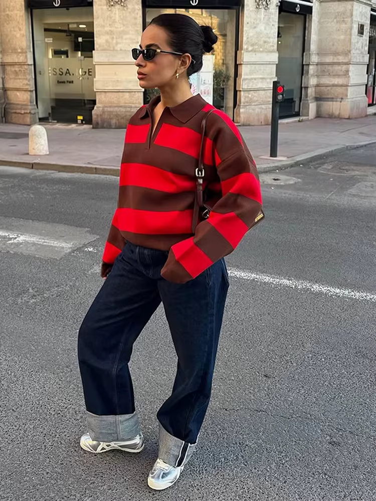 Tricoté côtelé col Polo pull femmes décontracté revers à manches longues coupe ample automne hiver tout-match hauts Chic dame vêtements d'extérieur
