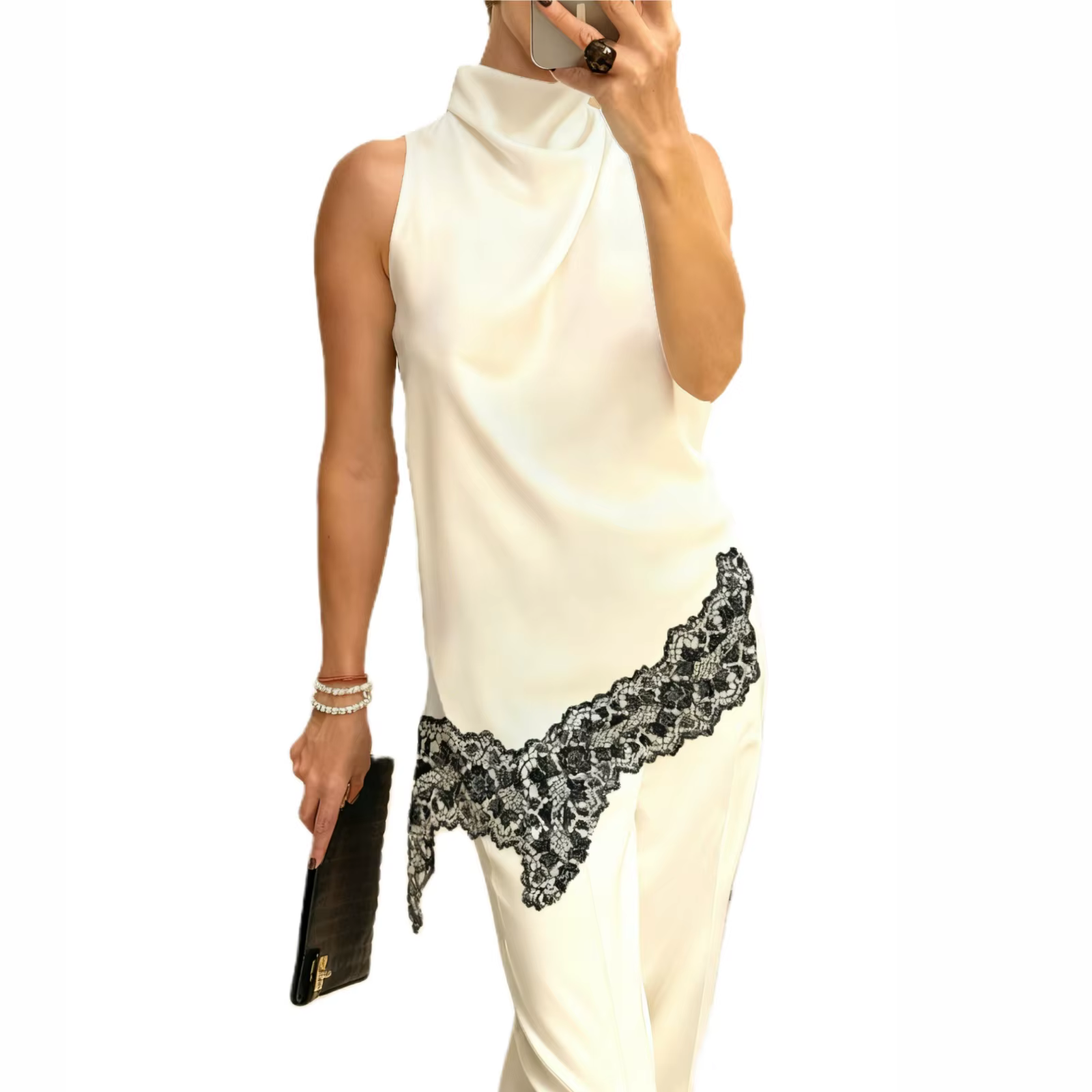 Xingqing y2k débardeurs femmes élégantes vêtements couleur unie col haut sans manches asymétrique dentelle ourlet t-shirts mode Clubwear
