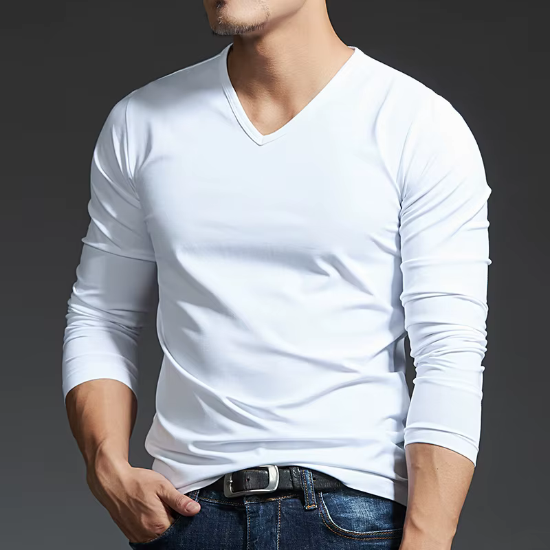 T-shirt ajusté à manches longues et col en V pour homme, gris foncé, sous-vêtement moulant, col ras du cou, haut tendance pour l'automne