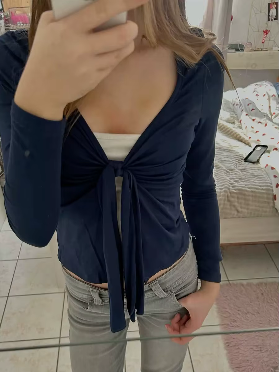 T-shirts Smock à Nœud Papillon et Bretelles pour Femme, Coupe Slim Simple, Manches Longues, Style Chic et Doux, T-shirts Babydoll