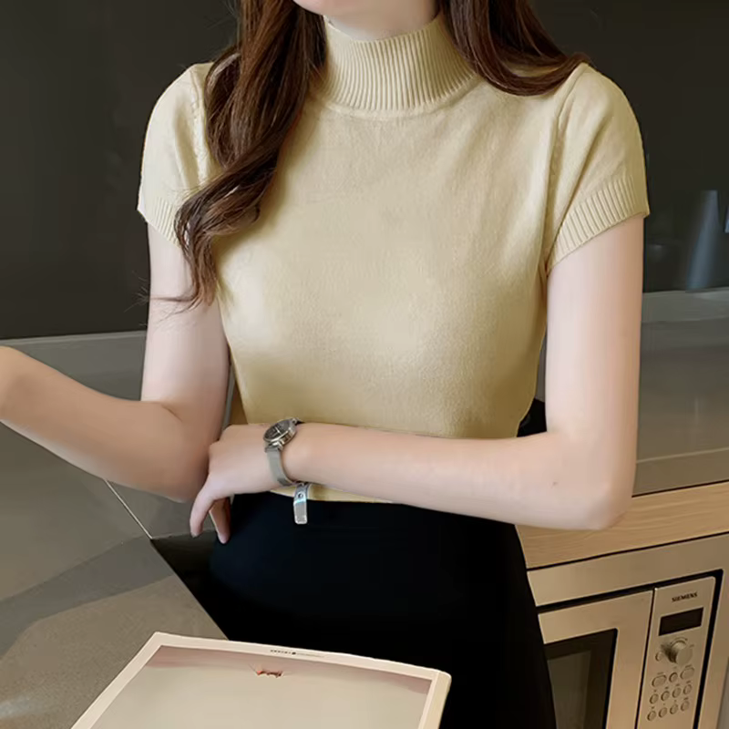 Demi col roulé mince tricoté T-shirt femmes élégant solide à manches courtes décontracté polyvalent printemps hauts