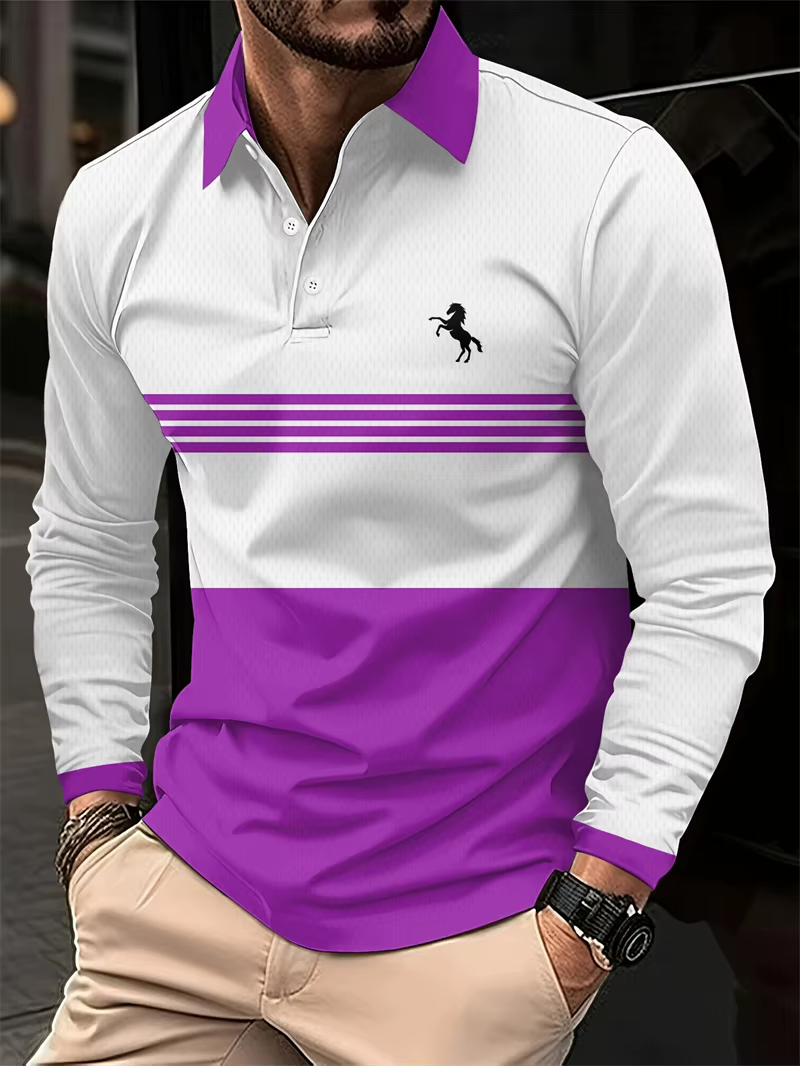 Chemises polo à motif de cheval en couleur contrastée pour hommes Mode d'été Manches longues Chemise