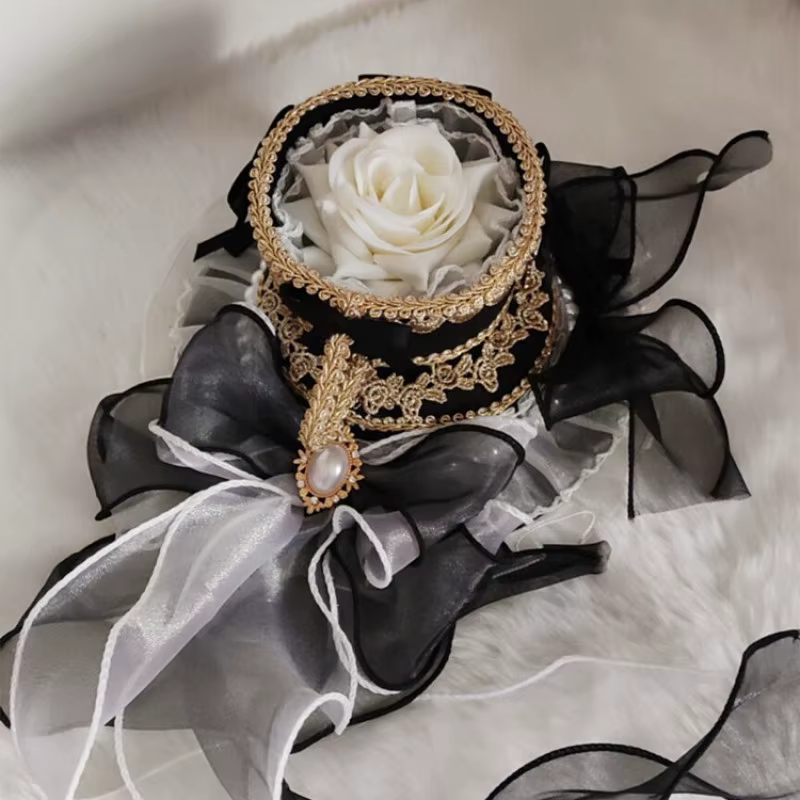 Chapeau haut de forme rose Lolita pour filles avec long ruban