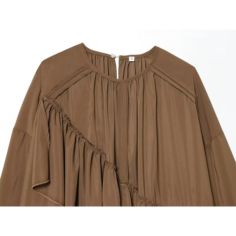 YENKYE nouveau chemisier en mousseline de soie ample à la mode et polyvalent pour les femmes manches papillon col rond asymétrique plissé à volants hauts