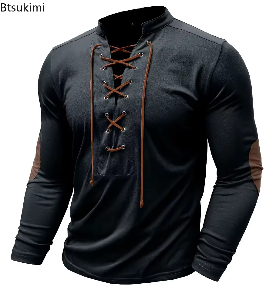 Nouveaux T-shirts Homme à Lacets Coupe Slim Col V Manches Longues Hauts de Sport Décontractés Uni Style Henley Mode Rétro Basiques