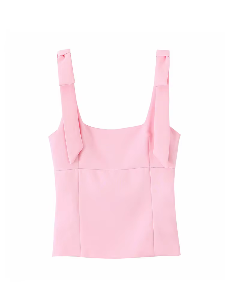 Femmes mode bretelles avec nœud ajusté débardeur col carré côté fermeture éclair femme Camis Mujer