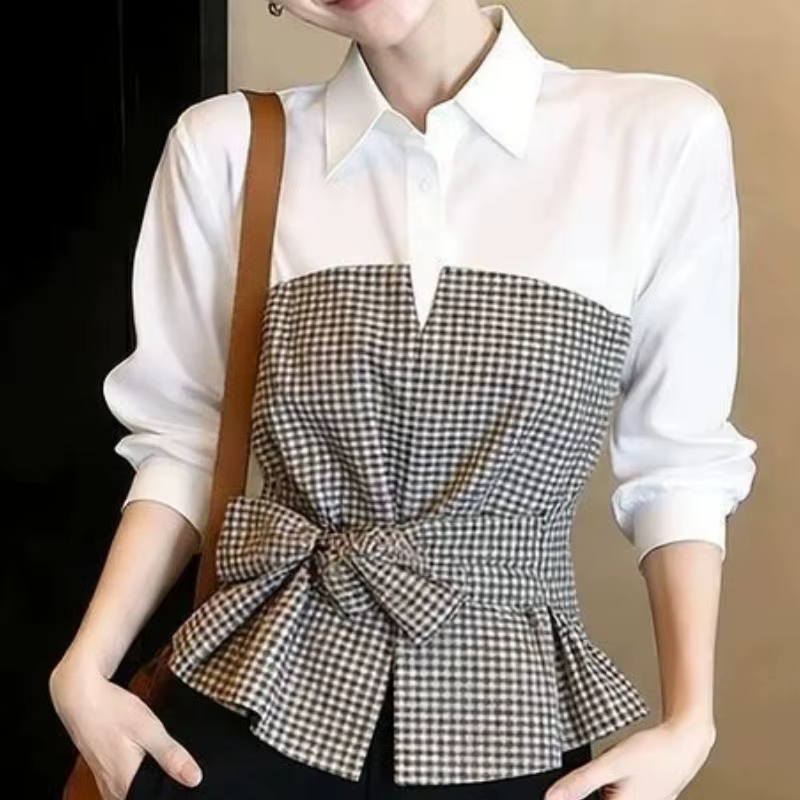 Chemisier Tendance Faux Deux Pièces à Carreaux Contrastants, Col Polo, Manches Longues, Élégant, Printemps-Automne, Style Coréen, Vêtements de Bureau pour Femmes