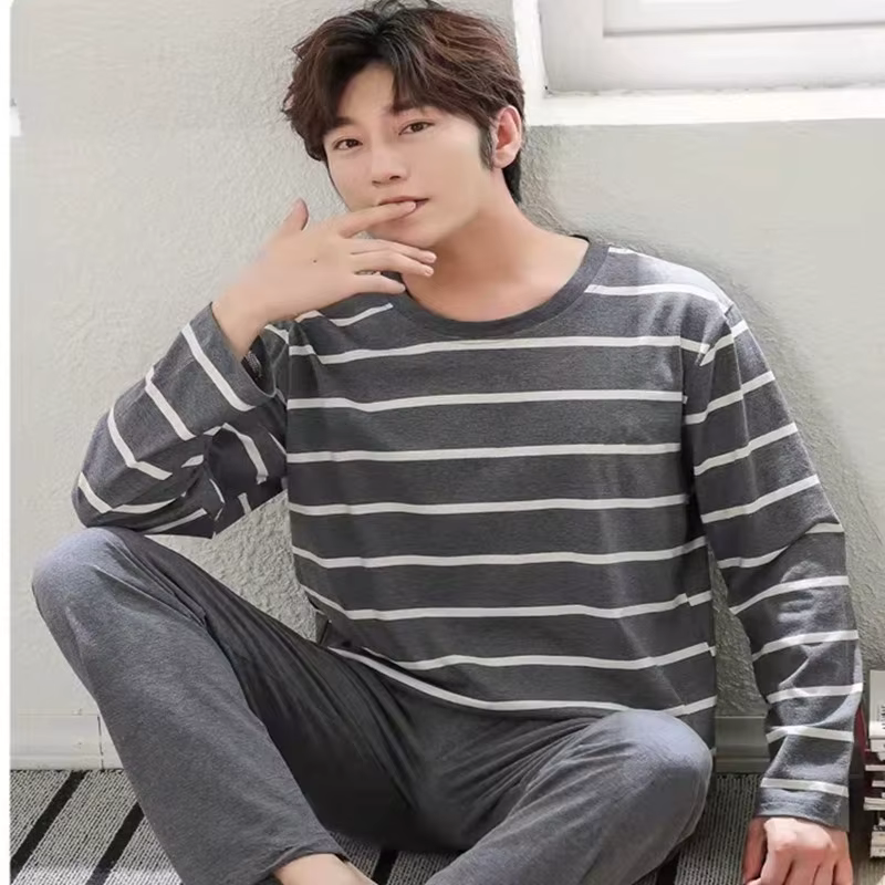 2 pièces/ensemble hommes pyjamas automne hiver à manches longues mode doux Simple décontracté Homewear homme noir confortable rayé vêtements de détente