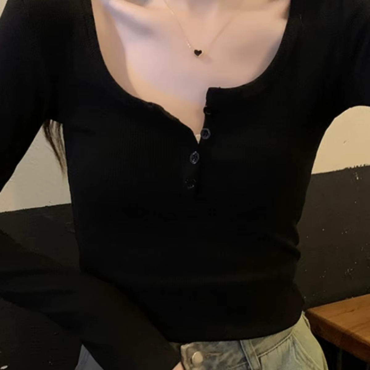 Femmes fileté mince T-Shirt bouton demi col ouvert à manches longues couleur unie haut ajusté printemps automne quotidien décontracté mode vêtements