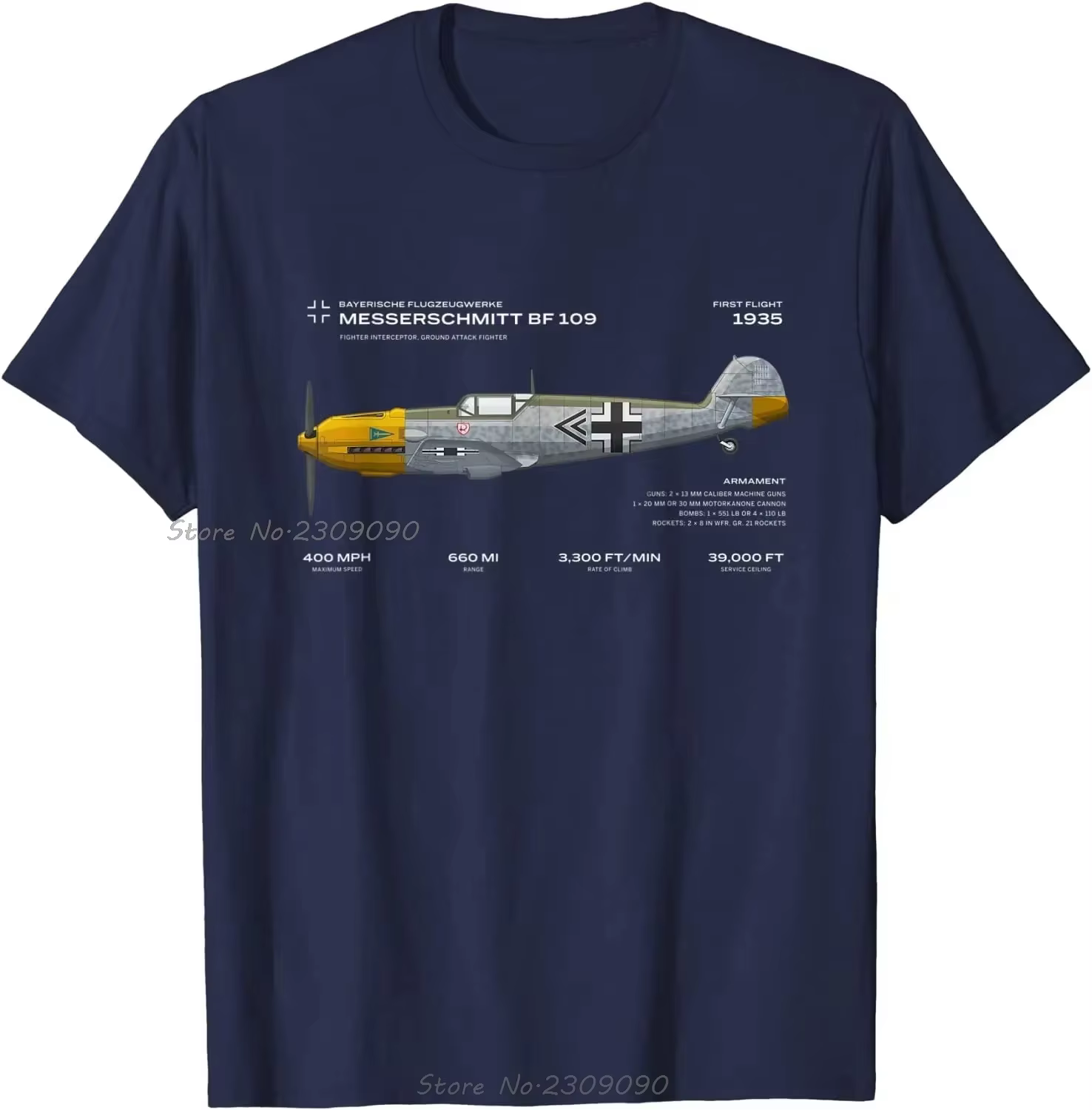 T-shirt surdimensionné imprimé Messerschmitt Bf 109 Fighter, haut d'été unisexe en pur coton à manches courtes pour hommes