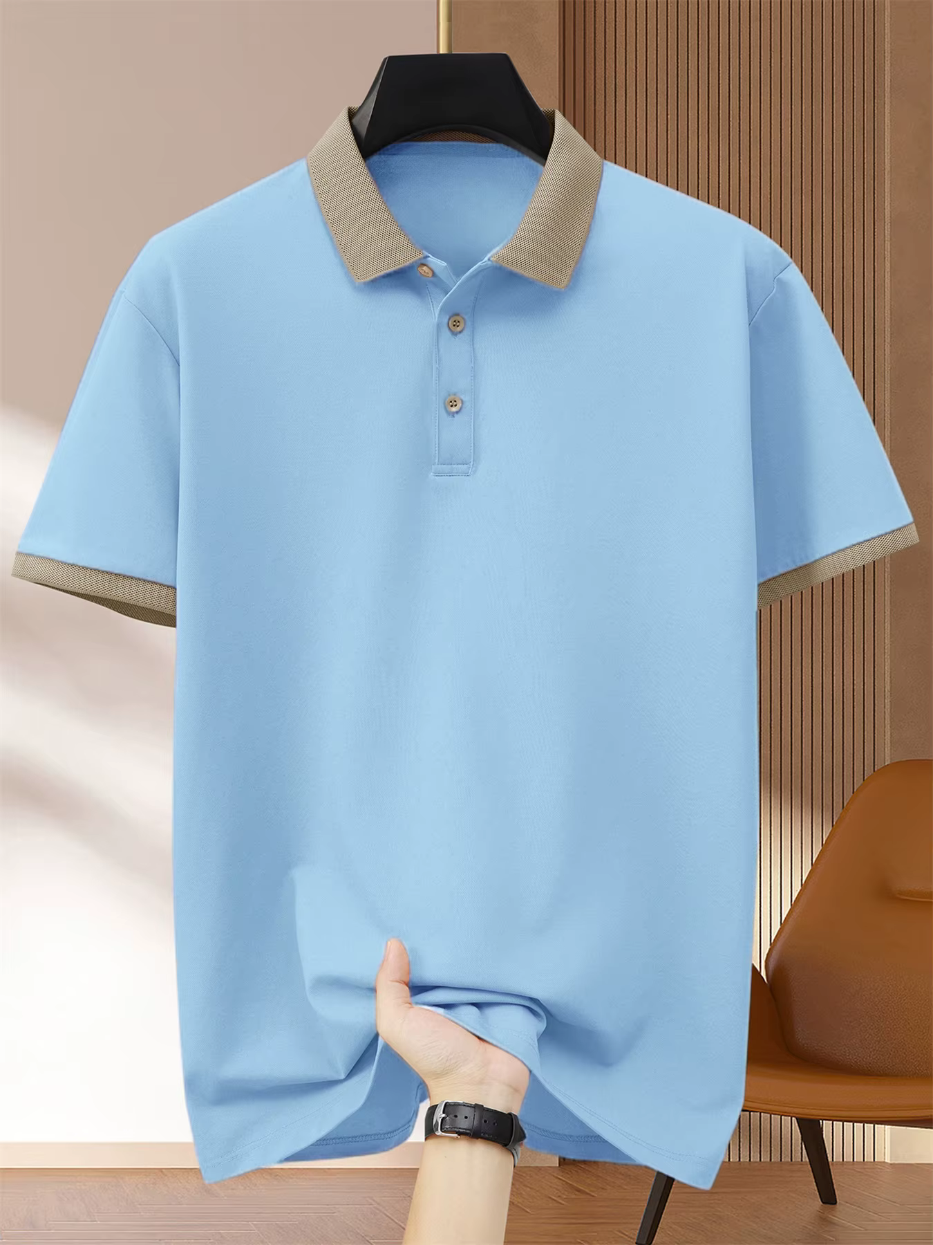 2025 Polo noir pour hommes contraste col Beige manchette manches courtes respirant affaires décontracté tissu doux