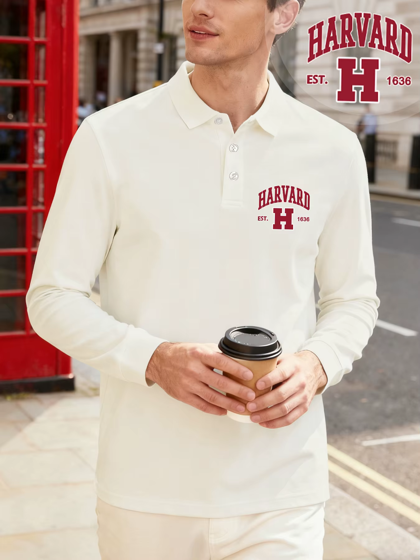 Harvard Est. 1636 impression mode basique T-Shirt hommes automne à manches longues vêtements décontracté solide hauts confortable bouton polos