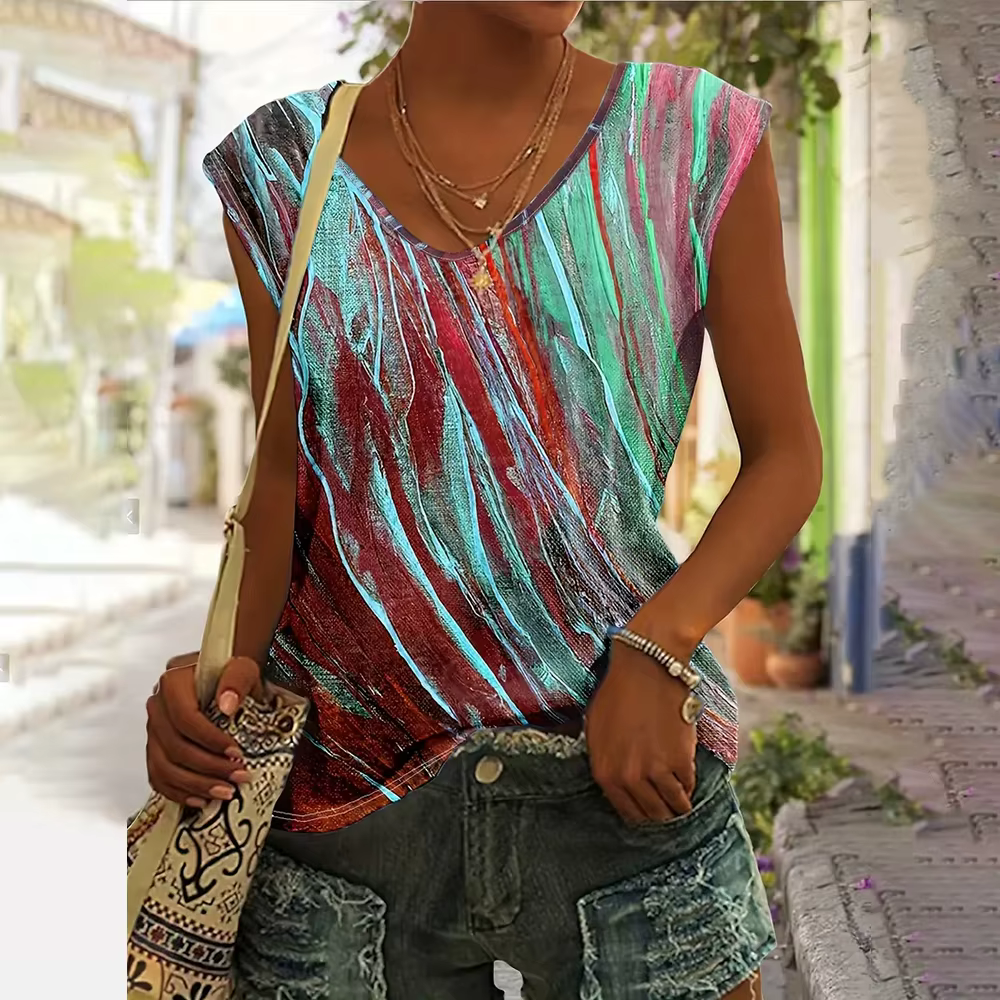 T-shirt à col en V imprimé floral 3D pour femmes