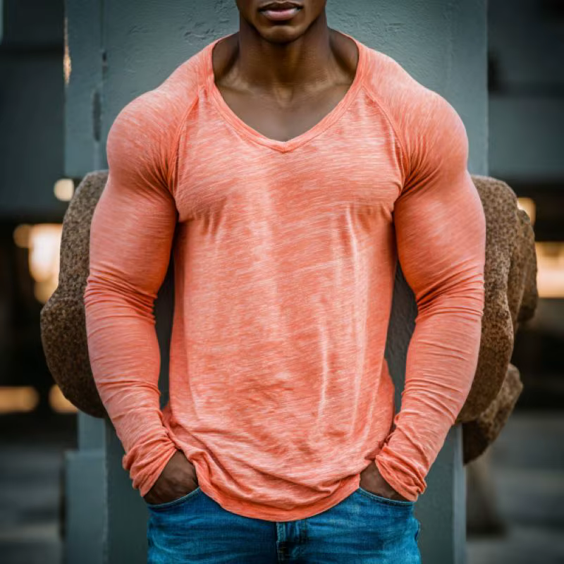 T-shirt de fitness à manches longues et col en V pour homme