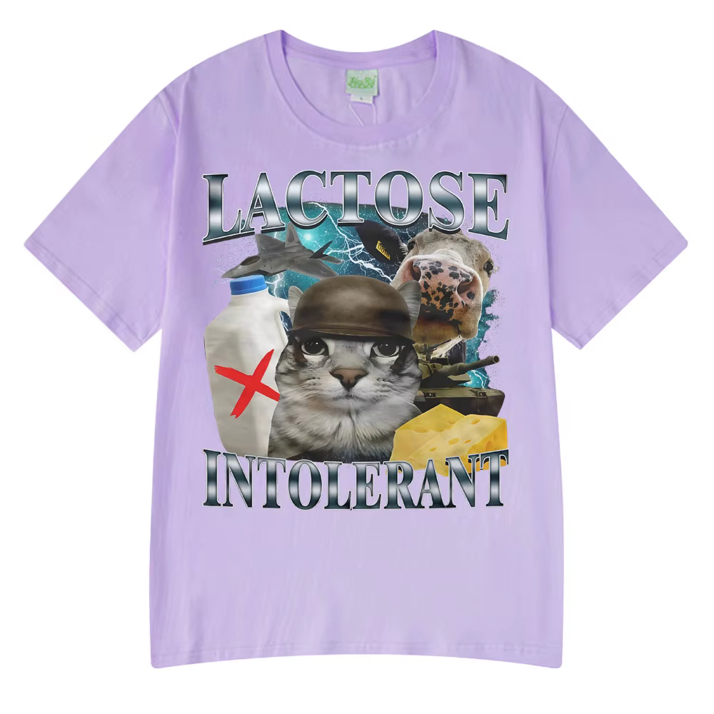 2025 été offre spéciale porte Lactose intolerant drôle chat Meme T-shirts mode t-shirt Hip Hop Couple Style vêtements