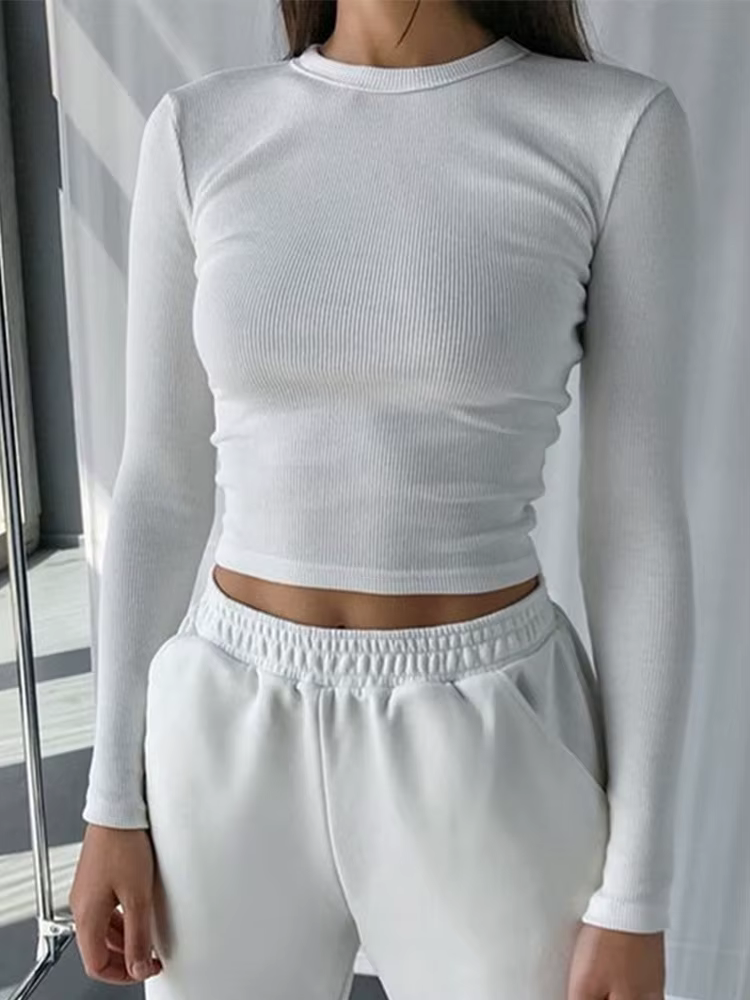 O cou à manches longues chemise femmes côtelé Sexy hauts courts 2022 printemps noir décontracté maigre mince basique femme t-shirts blanc