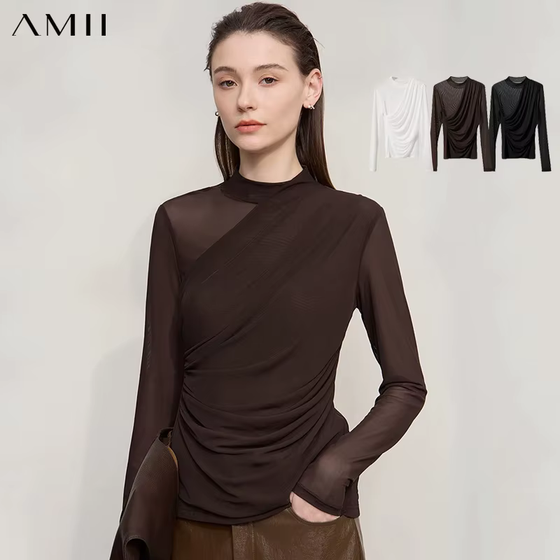 AMII t-shirts femmes 2025 automne nouveau col rond mince polyvalent dame tricoté hauts à manches longues Sexy transparent maille T-shirt 12543162