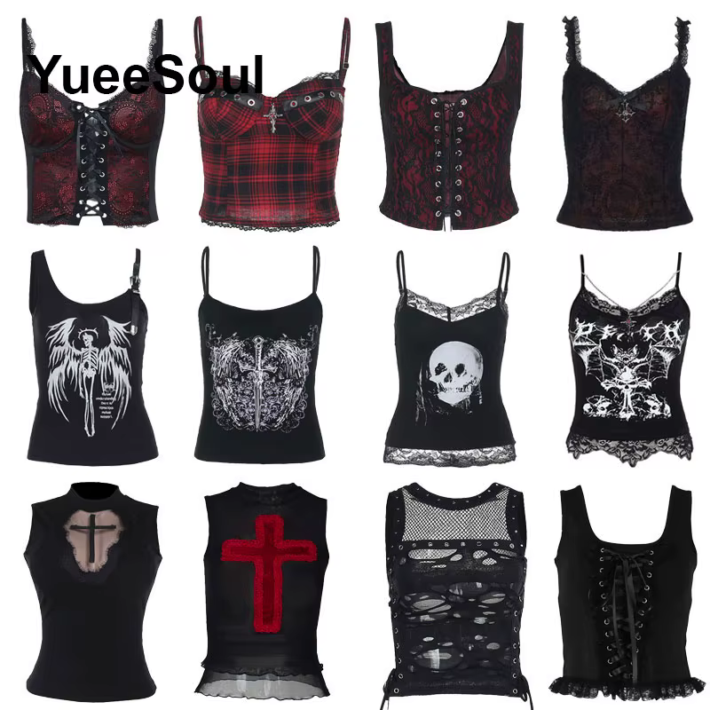 Crop tops gothiques noirs en dentelle et résille