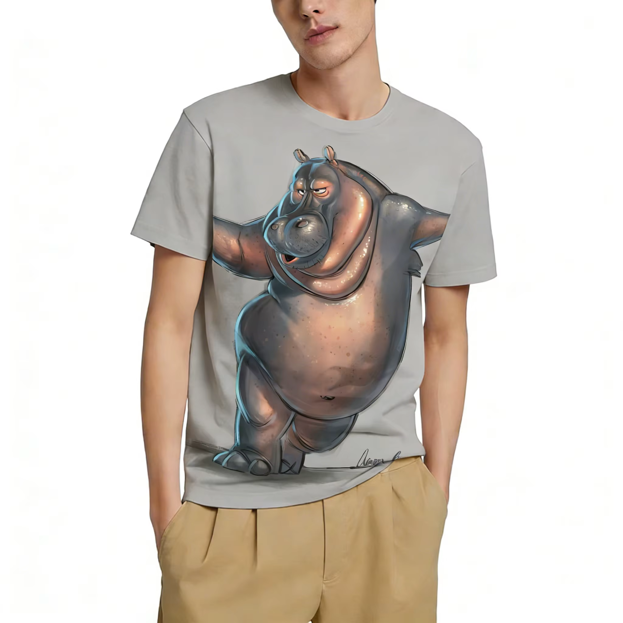 T-shirt à imprimé graphique hippopotame de dessin animé, personnalité animale, mode masculine, décontracté, drôle, impression 3D, streetwear, basique, col rond, manches courtes