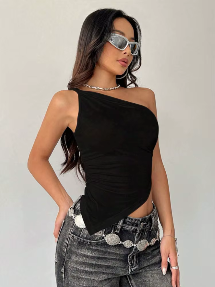 2025 nouveau T-Shirt femme décontracté à la mode couleur unie simple épaule asymétrique haut ajusté col une pièce