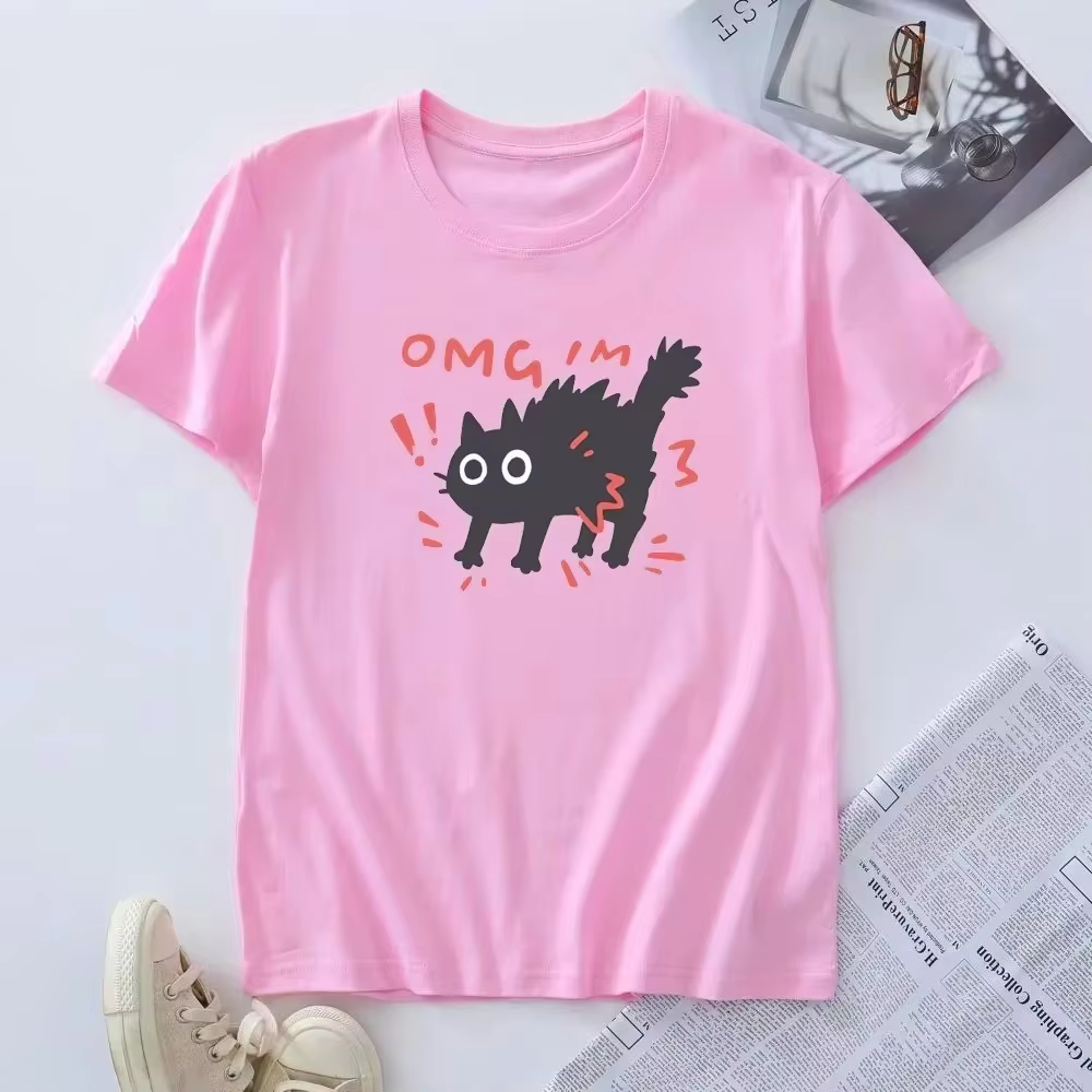 T-shirt imprimé chat effrayé pour femme