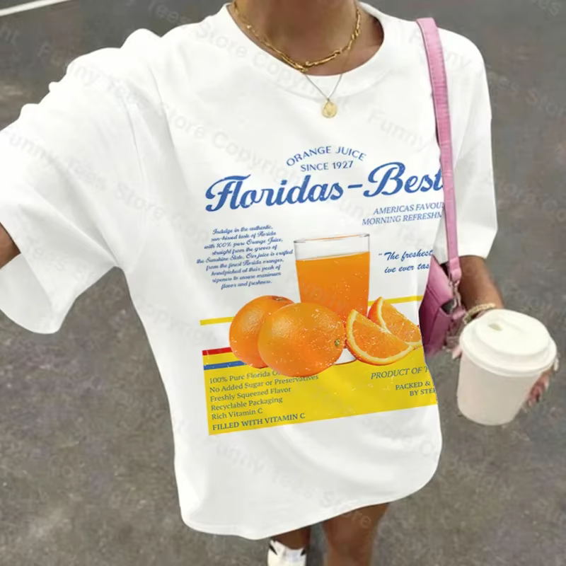 T-shirt Vintage Femme Orange Floride Esthétique Rétro Imprimé Fruits Unisexe 2026 Été Oversize Streetwear Hauts