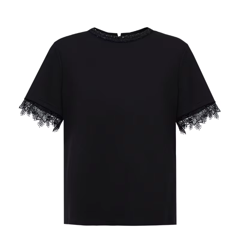 T-shirt femme Amii 2026 Nouvelle collection été Col rond avec empiècements en dentelle Couleur unie Élégant Haut à manches courtes 12642068