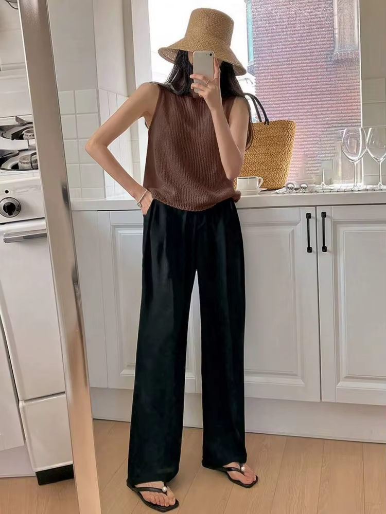 Pull sans manches à col rond pour femme, couleur unie, tricot ample, élégant, confortable, respirant, pour l'été, pour les loisirs