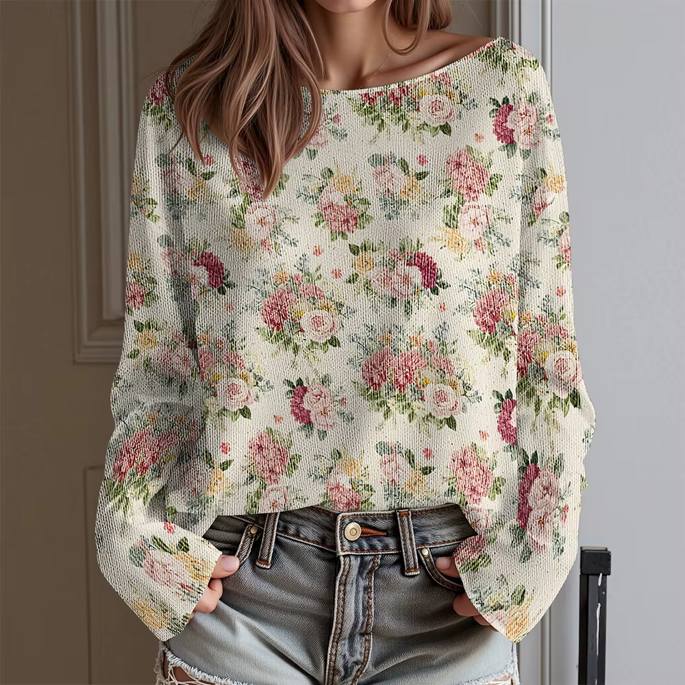 Cadeau de Saint-Valentin T-shirt floral à une épaule pour femme Coupe ample Haut à manches longues Chemisier Sweet Heart Hauts Harajuku Cottagecore