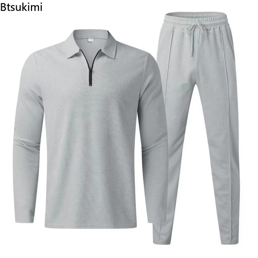 Nouveaux hommes décontracté à manches longues Polo + pantalons de survêtement ensembles de costume solide
