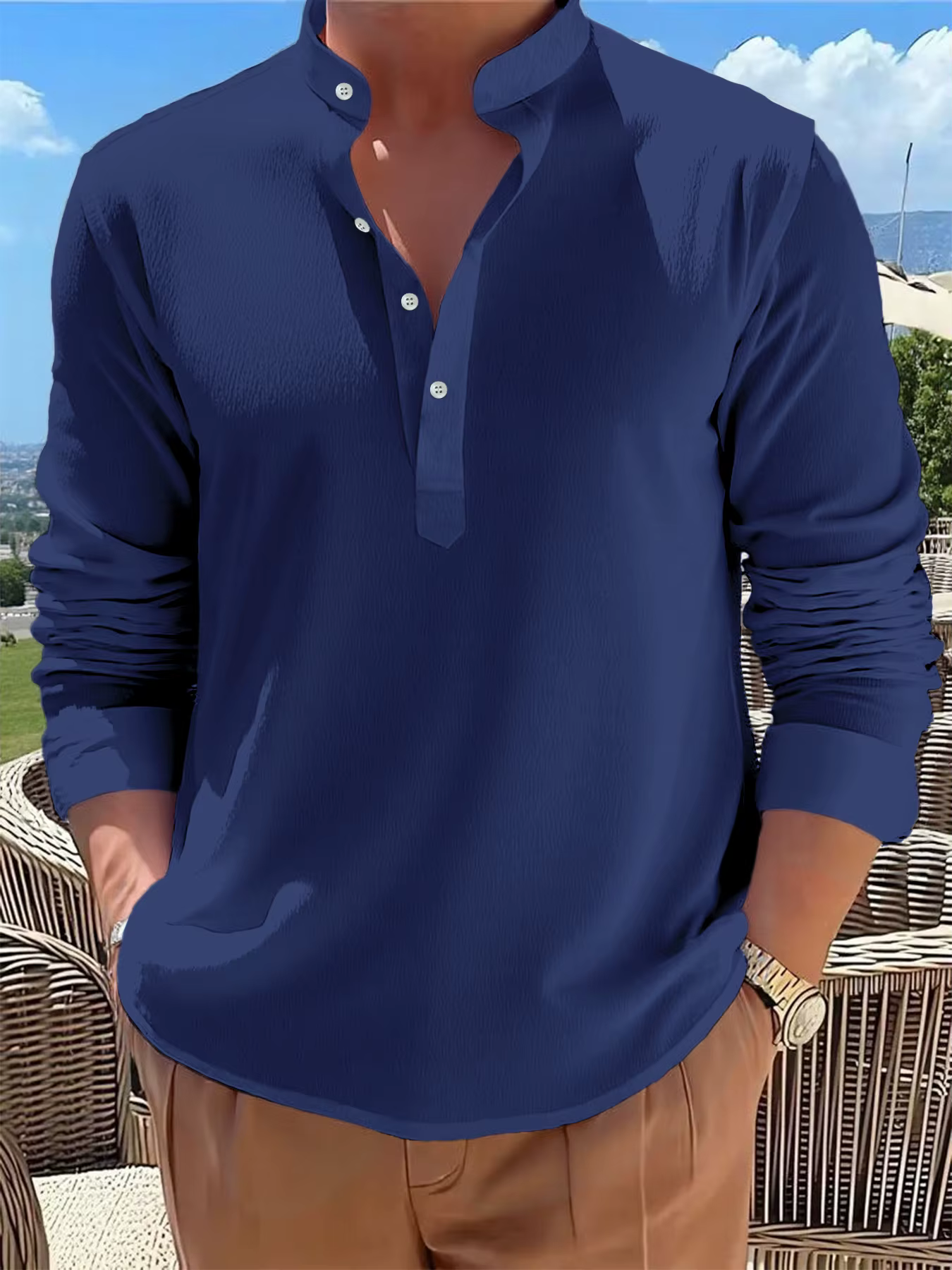 Chemises à manches longues et col Henley pour hommes