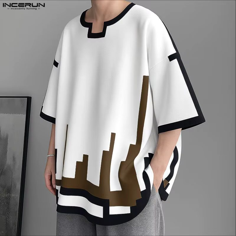 INCERUN hommes t-shirt à manches courtes impression lâche Style coréen mâle