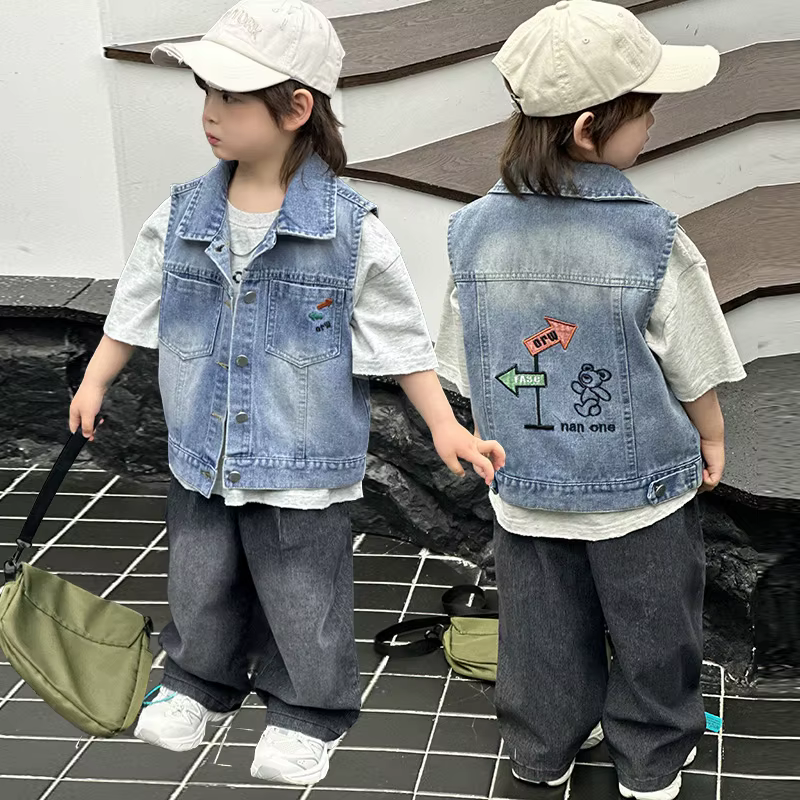 Enfants Denim veste sans manches avec ours de dessin animé pour Tween garçon fille gilet en jean décontracté élégant