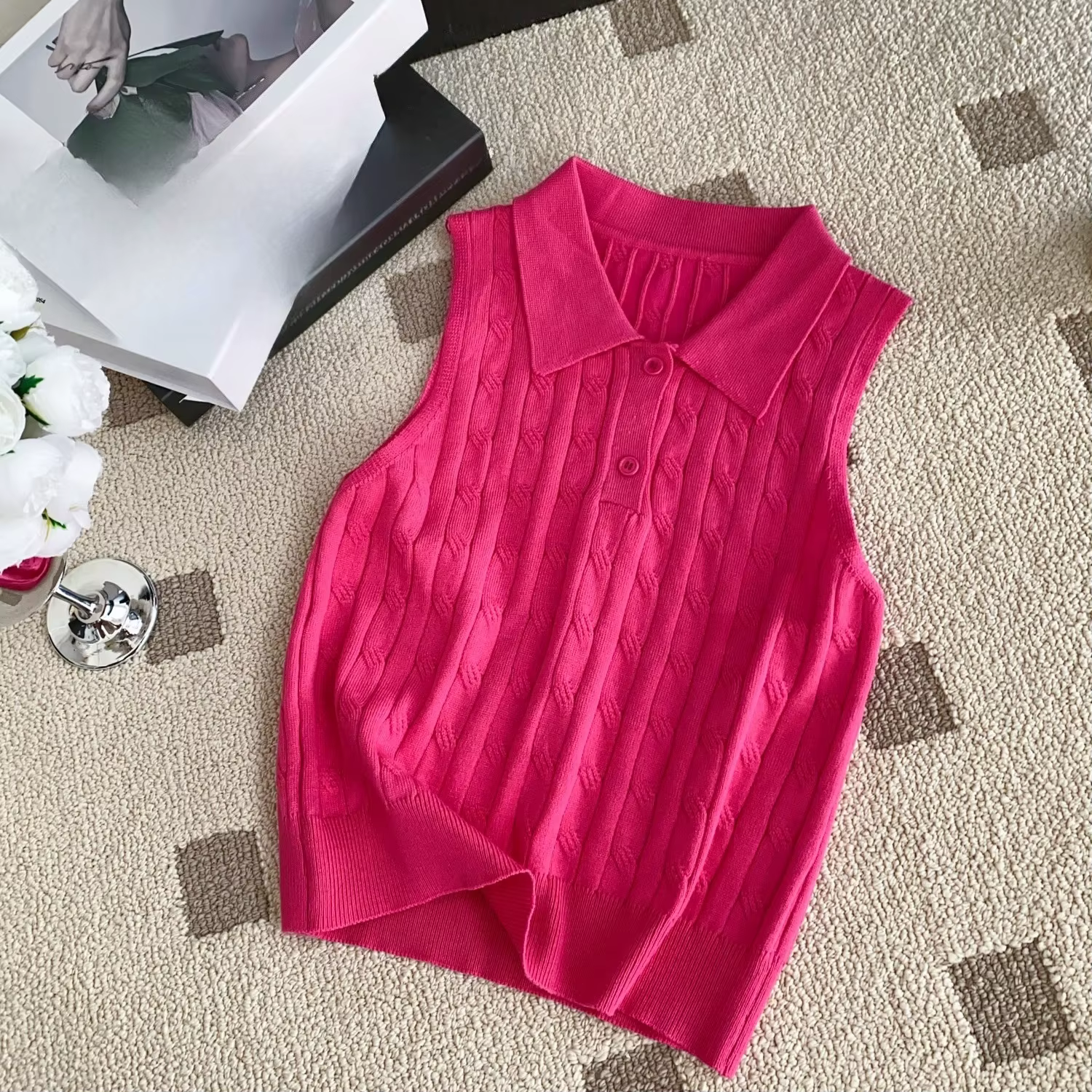 REALEFT été col Polo femmes tricoté T-shirts 2025 nouveau solide sans manches boutons tricots décontracté mince débardeurs femme