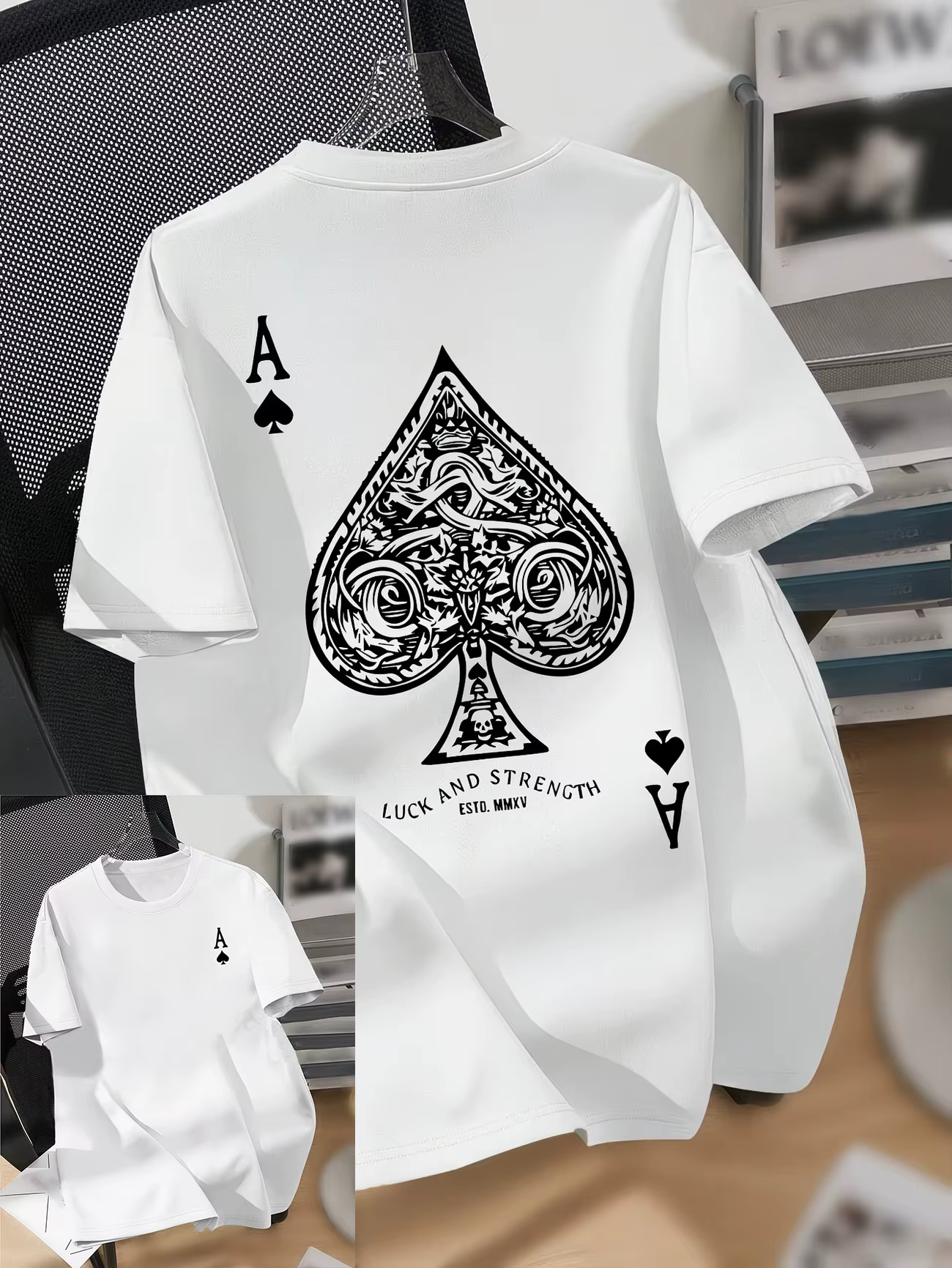 T-shirt graphique Ace Spade pour hommes, imprimé double face, manches courtes, col rond, style vintage streetwear, coupe oversize, décontracté, unisexe