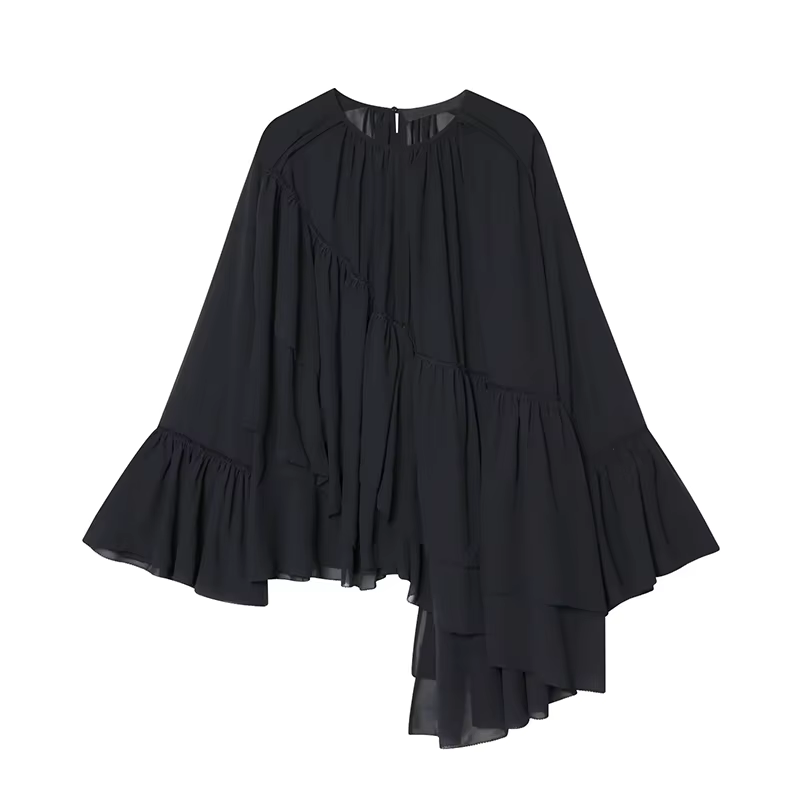 YENKYE nouveau chemisier en mousseline de soie ample à la mode et polyvalent pour les femmes manches papillon col rond asymétrique plissé à volants hauts