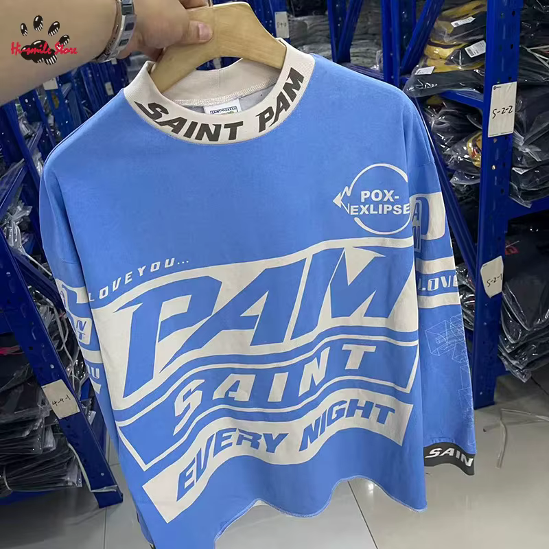 Nouveau Streetwear SAINT T-shirt à manches longues hommes femme bleu lavé surdimensionné décontracté Hip Hop col rond Style de course haut