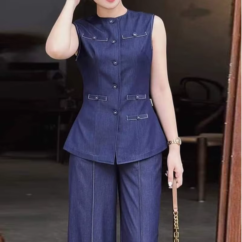 Krisstarsgirl 2025 nouveau chemisier en jean hauts pour femme été bleu élégant boutonné avec poches dessus de chemise