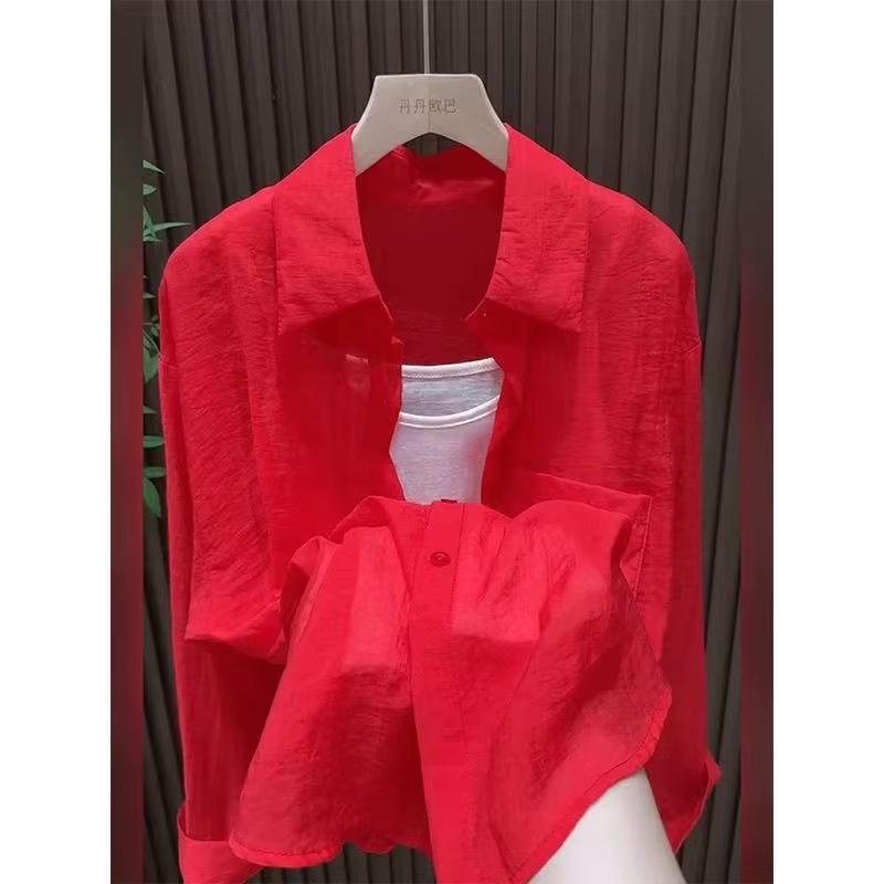 Chemise de Protection solaire à manches longues et col Polo rouge pour femmes
