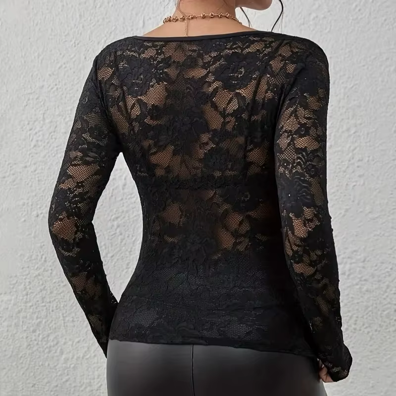 Femmes Sexy couche de Base chemise solide noir pure dentelle haut mince fleur pétoncle garniture col en V à manches